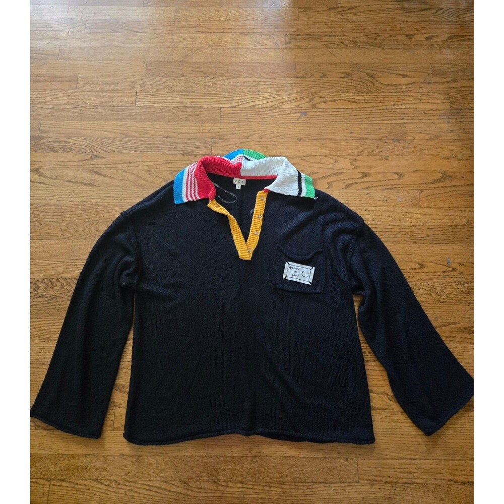 POL Womens V-Neck Long Sleeve Knit Pullover Sweater Collared Size Large